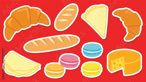 Kawaii French food sticker collection showcasing croissants, macarons, crepes, baguettes, and cheese icons, modern flat vector style, ideal for bakery and café-themed designs