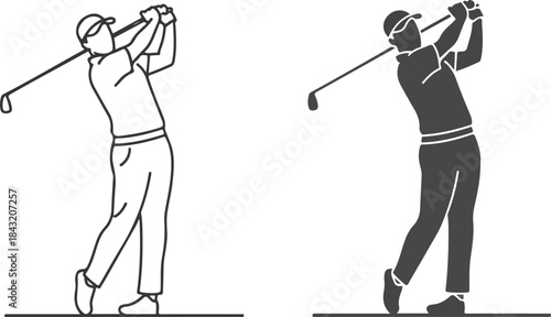 Two golfers in different outfits swinging golf clubs in a line art style against a white background.