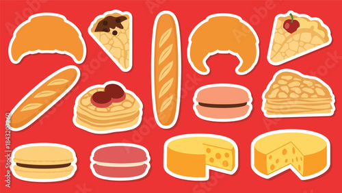 Kawaii French food sticker collection showcasing croissants, macarons, crepes, baguettes, and cheese icons, modern flat vector style, ideal for bakery and café-themed designs