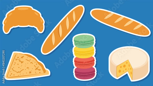 Kawaii French food sticker collection showcasing croissants, macarons, crepes, baguettes, and cheese icons, modern flat vector style, ideal for bakery and café-themed designs