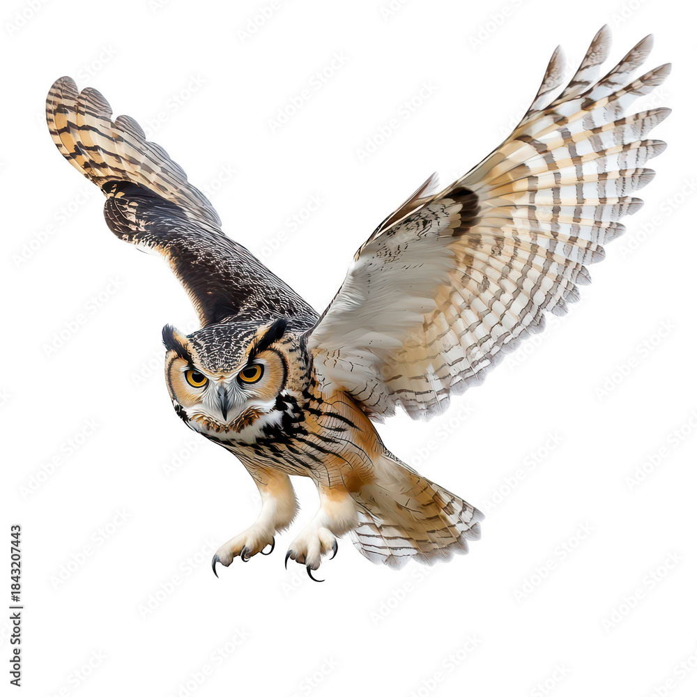 Fototapeta premium A majestic owl in mid-flight. its impressive wingspan and striking features against a clean white background. perfect for wildlife photography and educational materials