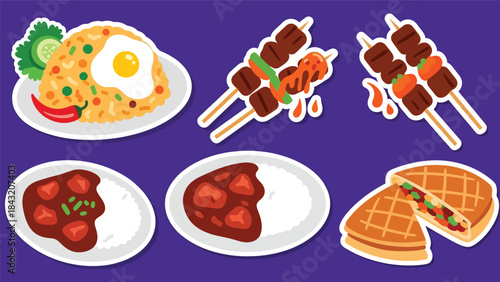 Kawaii Indonesian food stickers with nasi goreng, satay, rendang, and martabak in modern flat vector style, perfect for culinary branding, ideal for Indonesian culture content