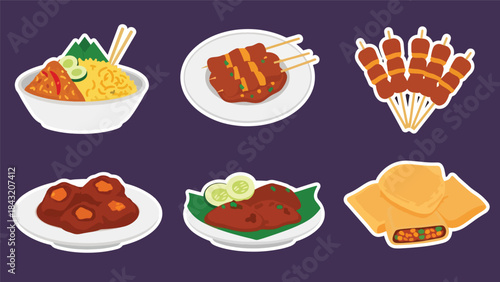 Kawaii Indonesian food stickers with nasi goreng, satay, rendang, and martabak in modern flat vector style, perfect for culinary branding, ideal for Indonesian culture content