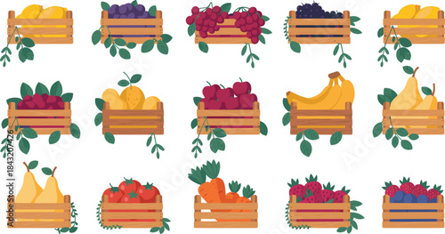 Wooden Crates Filled With Fresh Fruits And Vegetables basket