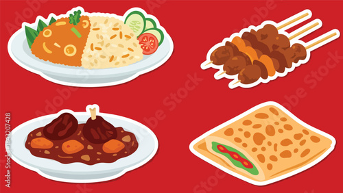 Kawaii Indonesian food stickers with nasi goreng, satay, rendang, and martabak in modern flat vector style, perfect for culinary branding, ideal for Indonesian culture content
