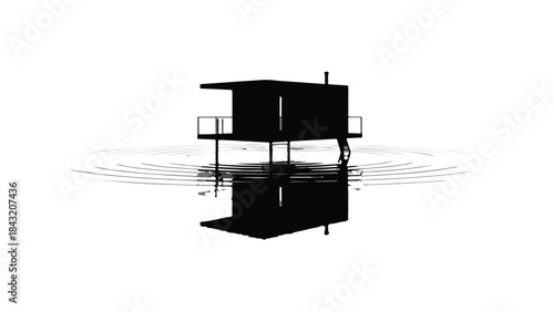 Modern minimalist cabin silhouette reflected on calm water surface at night