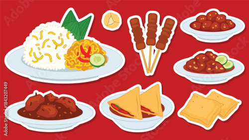 Kawaii Indonesian food stickers with nasi goreng, satay, rendang, and martabak in modern flat vector style, perfect for culinary branding, ideal for Indonesian culture content