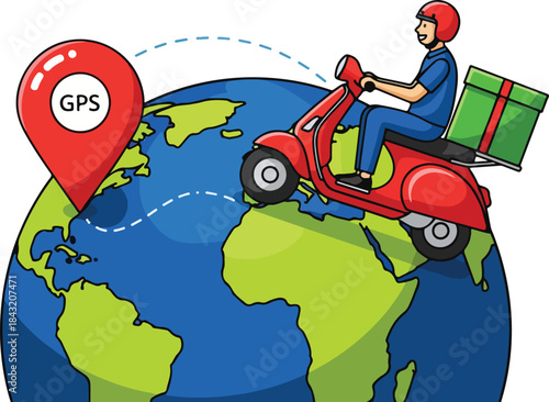 Illustration of a delivery person riding a red scooter on a globe with a GPS location marker.
