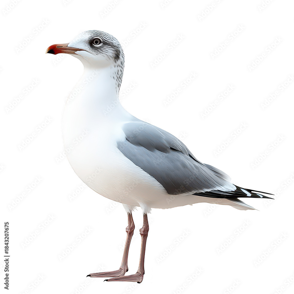 Fototapeta premium A close-up of a seagull standing elegantly with its striking gray and white plumage. its red beak and expressive eye. against a clean white background. ideal for nature-themed projects