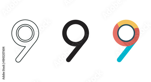 Different styles of number nine symbol