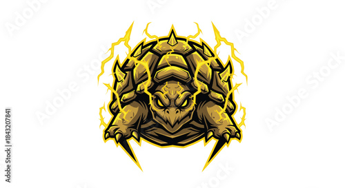 Aggressive tortoise with glowing yellow lightning around it, epic esports mascot.