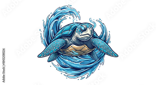 Stylized blue sea turtle swimming through swirling ocean waves with glowing eyes.