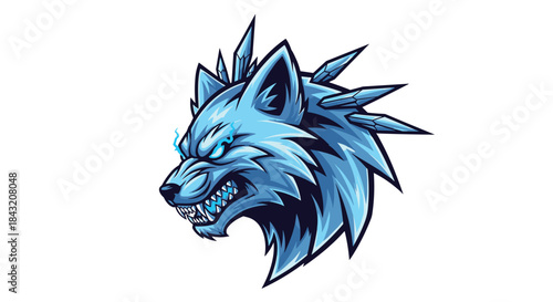 Aggressive blue ice wolf head with sharp crystal spikes and glowing eyes, perfect for gaming or sports logos.