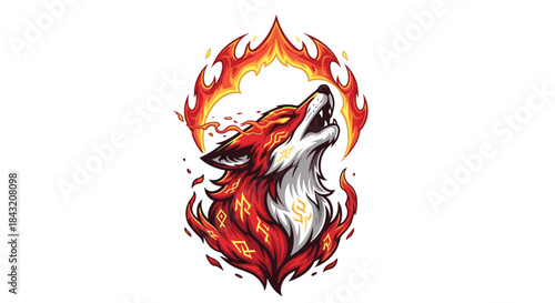 Fiery wolf howling with flames arching overhead and symbolic markings on its fur.