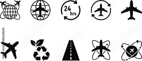 A collection of black icons depicting travel, transportation, and environmental concepts on a white background.