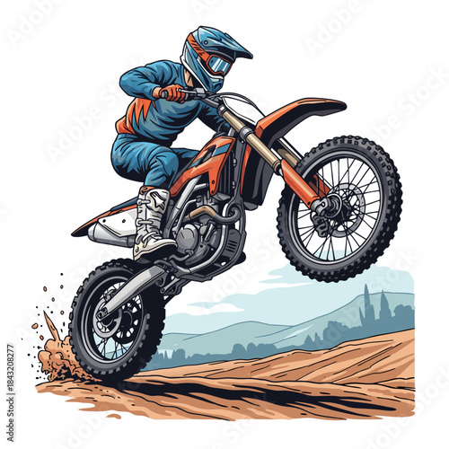 Motocross rider performing a jump on a dirt bike in outdoor landscape  