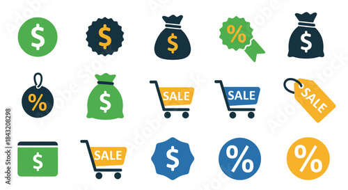 Collection of Shopping and Finance Icons Representing Sales and Discounts.