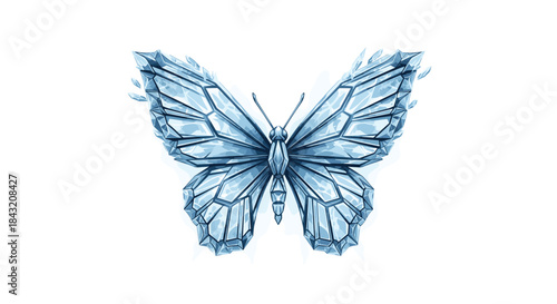 A detailed illustration of a translucent crystalline butterfly with blue icy wings on a white background.