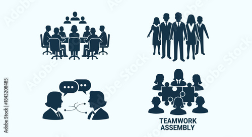 Teamwork and collaboration icons representing business meetings and discussions.