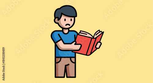 Young man looking confused while reading a book.
