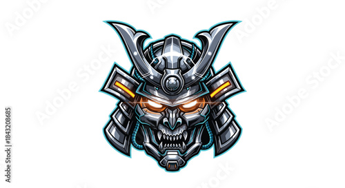 Cyberpunk samurai helmet with glowing orange eyes on a white background.