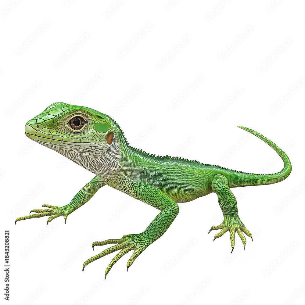 Fototapeta premium A green lizard poised on a smooth surface. its detailed scales and sharp features. with a soft white background emphasizing its natural beauty and potential as a wildlife stock image