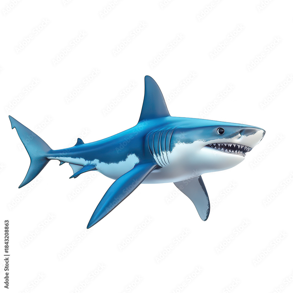 Fototapeta premium A realistic depiction of a great white shark swimming gracefully in clear blue waters. its powerful body and sharp teeth. with a serene underwater background