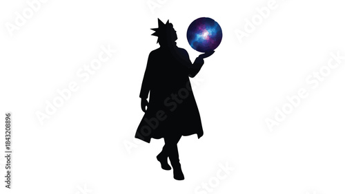 Silhouette of a figure holding a swirling galaxy orb, symbolizing cosmic power and discovery.