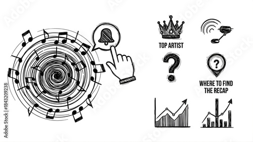 Explore the dynamic concept of music industry insights, artist tracking, and statistical performance growth via interactive notifications and data visualization