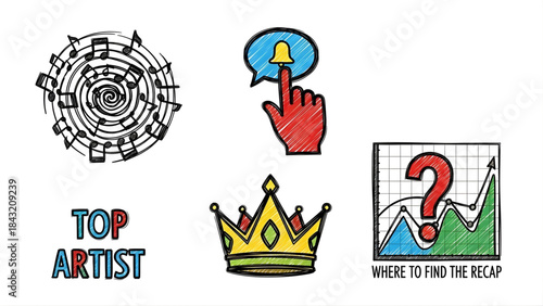 Colorful sketch-style icons representing a mix of concepts including music success, digital alerts, triumphant crowns, and insightful data analysis, perfect for modern design projects