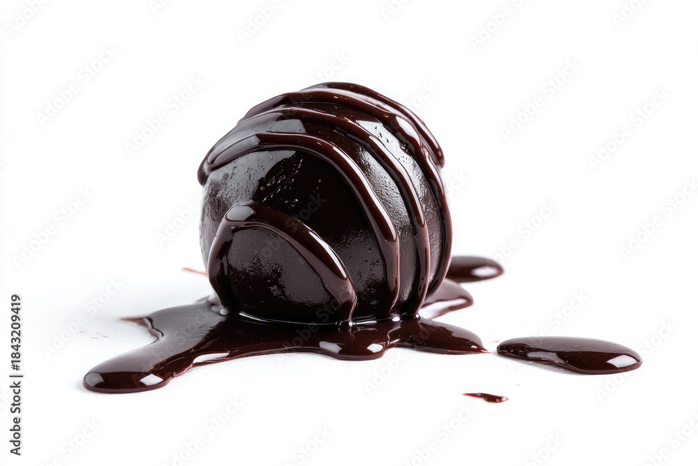 Fototapeta premium Ball of black melted chocolate. Melted chocolate syrup on white background. Liquid chocolate on a white background 