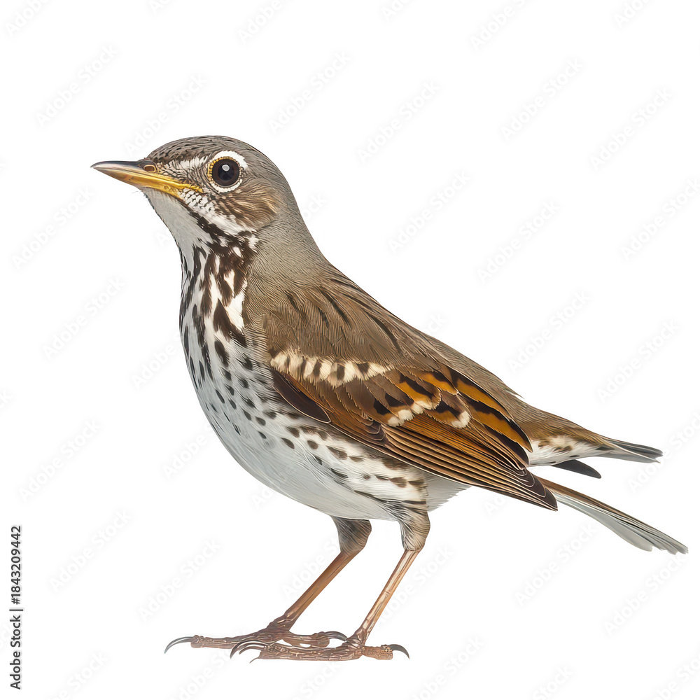 Fototapeta premium A detailed close-up of a thrush bird standing elegantly with a white background. its unique speckled plumage and colors. ideal for nature photography and wildlife education