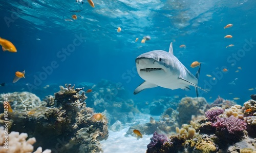 Fototapeta Naklejka Na Ścianę i Meble -  a large white shark in the center facing the camera, front top view, colorful coral reefs, many tropical fish