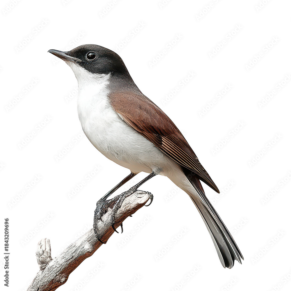 Fototapeta premium A beautifully detailed close-up of a bird perched on a branch. its striking black and white plumage against a clean white background. ideal for nature photography and wildlife enthusiasts