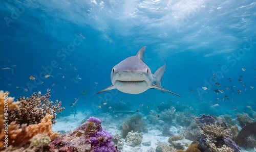 Fototapeta Naklejka Na Ścianę i Meble -  a large white shark in the center facing the camera, front top view, colorful coral reefs, many tropical fish