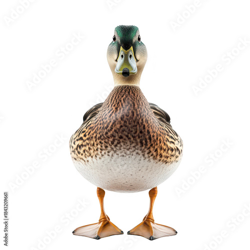 A close-up view of a mallard duck standing upright against a white background. its plumage and distinctive features. ideal for nature enthusiasts or wildlife education