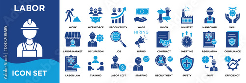 Labor icon collection set. Containing  workforce, hiring, wages, safety, compliance, productivity, training, and efficiency. glyph color illustration vector