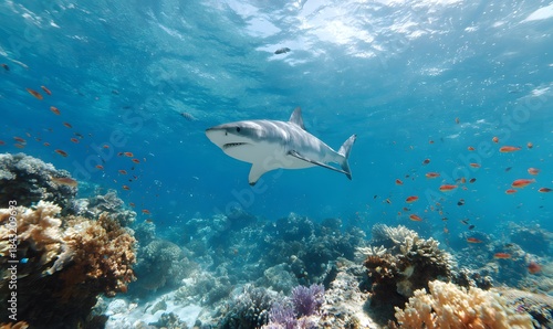 Fototapeta Naklejka Na Ścianę i Meble -  a large white shark in the center facing the camera, front top view, colorful coral reefs, many tropical fish