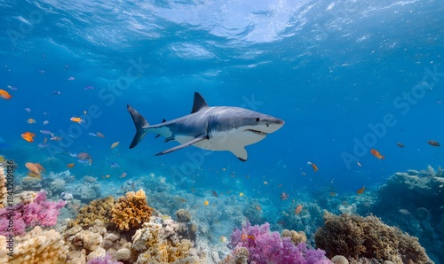 Fototapeta Naklejka Na Ścianę i Meble -  a large white shark in the center facing the camera, front top view, colorful coral reefs, many tropical fish