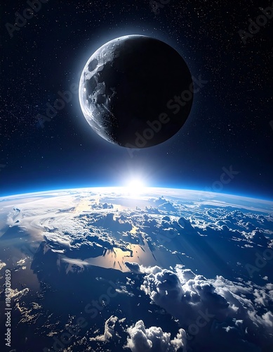 Dramatic view of Earth, sun, and lunar eclipse in space