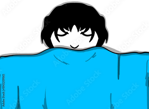 Cartoon woman sleeping with a blanket.