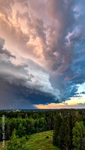 Dramatic view of forest and sky with storm clouds gathering overhead