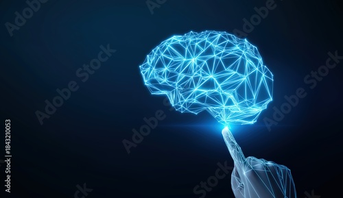 Digital brain interface with finger touching neural network on dark background for artificial intelligence and technology concepts