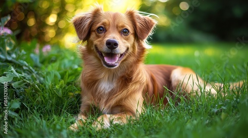 A happy, smiling dog lying in a grassy field with a blurred background of trees and flowers.
