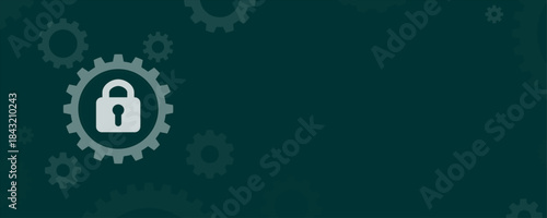 Security padlock protection icon inside gear wheel on dark green background vector banner with copy space