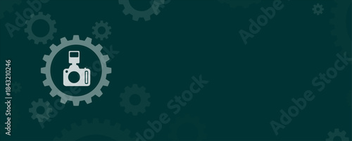Camera photography flash icon inside gear wheel on dark green background vector banner with copy space