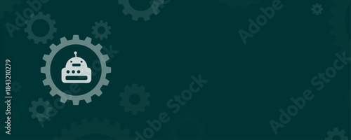Robot head artificial intelligence icon inside gear wheel on dark green background vector banner with copy space
