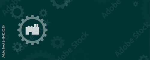 Factory building industry icon inside gear wheel on dark green background vector banner with copy space
