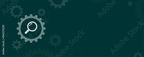 Magnifying glass search icon inside gear wheel on dark green background vector banner with copy space
