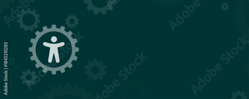 Human accessibility user icon inside gear wheel on dark green background vector banner with copy space